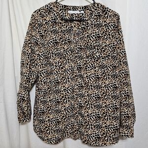 Notations Leopard Print Long Sleeve Button Down Shirt Size L